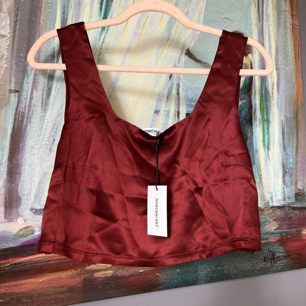 NONCHALANT LABEL Sz L Women's Burgundy Charli Crop 100% Silk Top